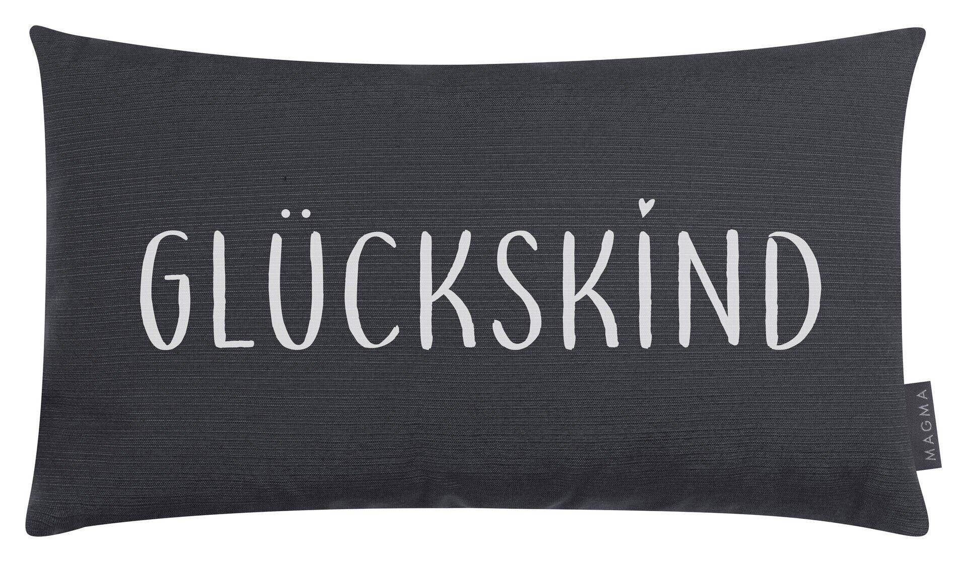 Kissen Glückskind Fino mit dunkelgrauer Farbe, strukturierter Oberfläche und weißem "GLÜCKSKIND"-Aufdruck in Frontalperspektive.