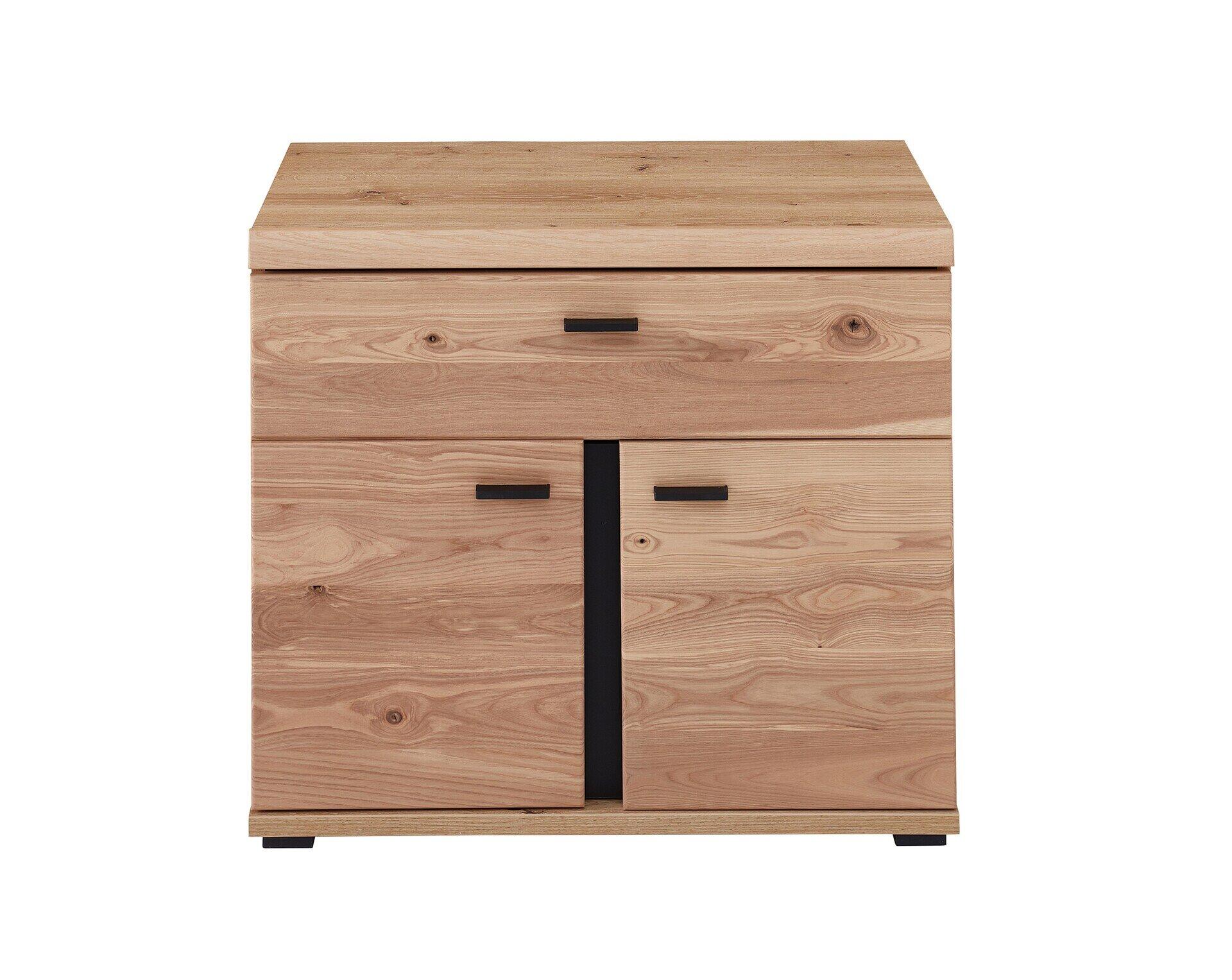 Büroschrank Sonos in Frontalperspektive mit bündig abschließender Schublade und Tür mit vertikalem Metallgriff.