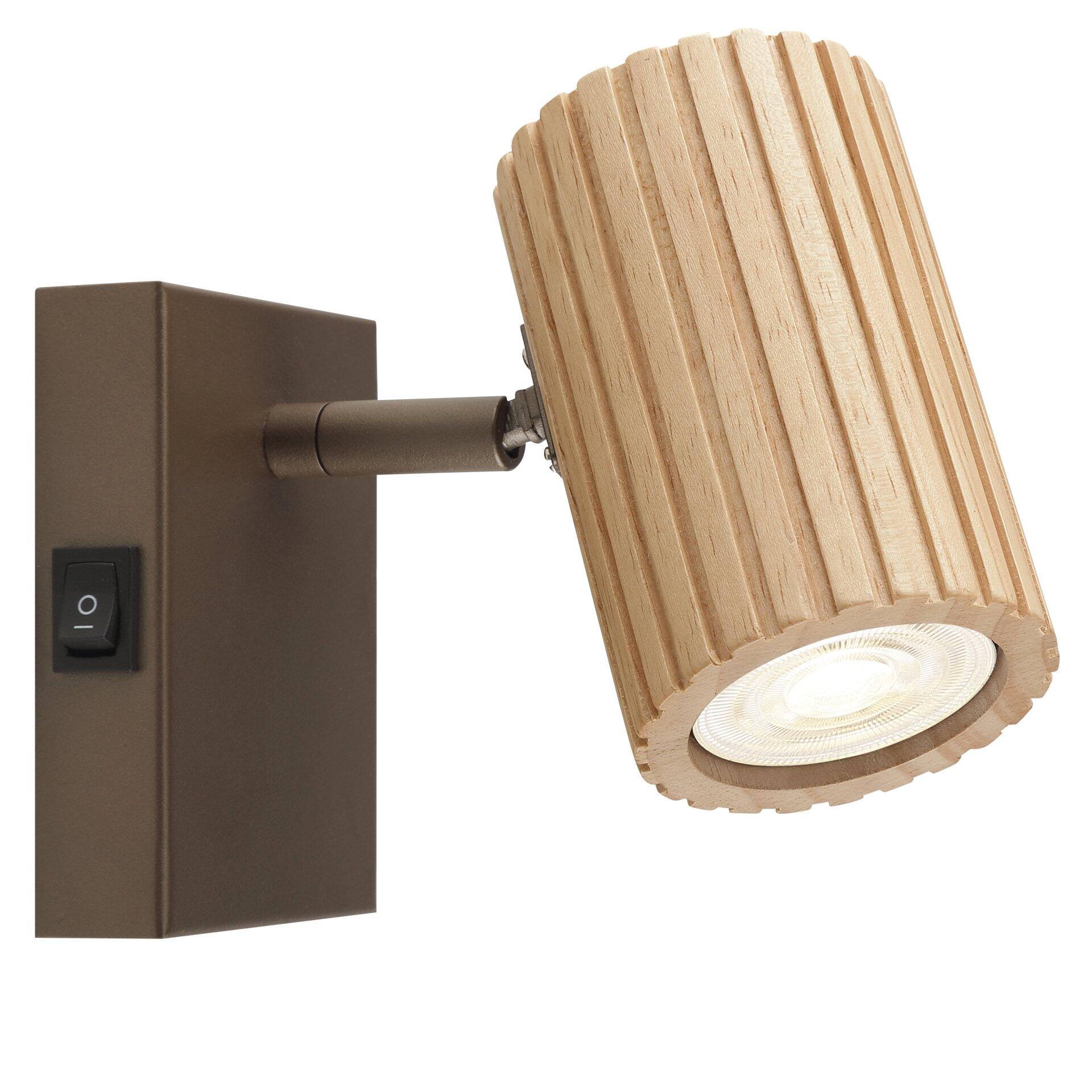 Wandleuchte Lakewood aus der Vogelperspektive mit schwenkbarem Lampenkopf, Kippschalter und gerilltem Holzfurnier.