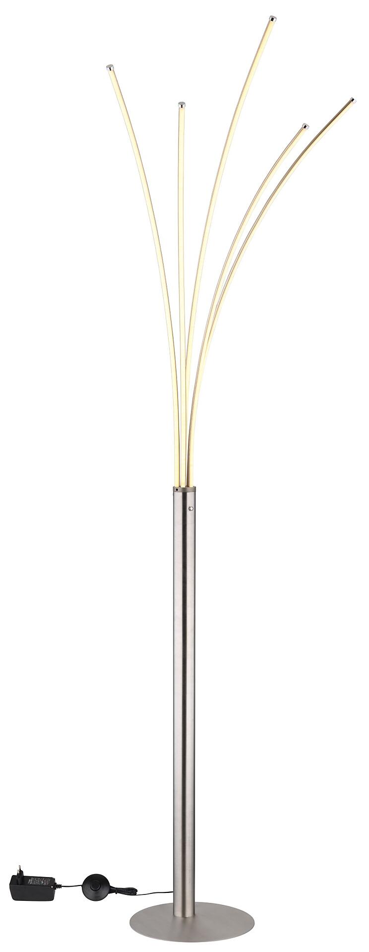 Stehleuchte BIZZY mit silbernem Fuß und gebogenen, aufwärts gerichteten Metallarmen, die warmweißes Licht abgeben und über einen Touchdimmer gesteuert werden können.