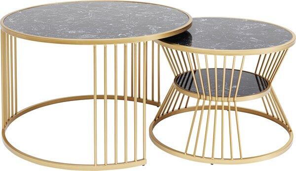 Zwei Beistelltische "Roma" aus dem Set, mit goldfarbenem Metallgestell und runder Tischplatte im Marmor-Look, wobei der größere Tisch einen Rahmen aus vertikalen Stäben und der kleinere einen filigraneren, kreuzenden Rahmen aufweist.