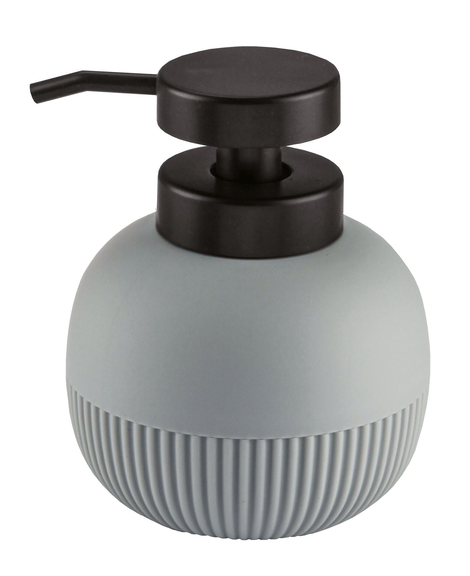Seifenspender Scout in silbergrauem ABS, detaillierte Seitenansicht der Flasche mit gerilltem Unterteil und zylindrischem Deckel mit Auslaufstutzen.