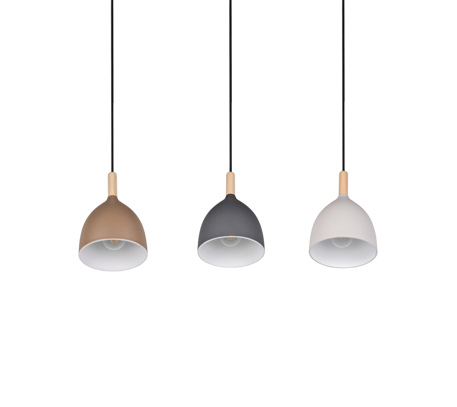 Drei Pendelleuchten Jerano in Kupfer, Anthrazit und Weiß, nebeneinander in einer Reihe hängend, zeigen das moderne Design mit konischem Schirm und Holzfuß.