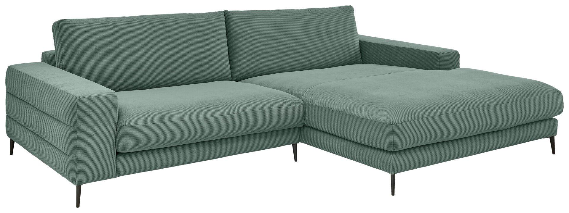 Ecksofa Badia Base 2.0 in hellgrün mit Samt- oder Bouclé-Bezug, schmalen Metallfüßen, ausgezogener Liegefläche und bequemen, breiten Armlehnen, aus leicht schräger Perspektive dargestellt.