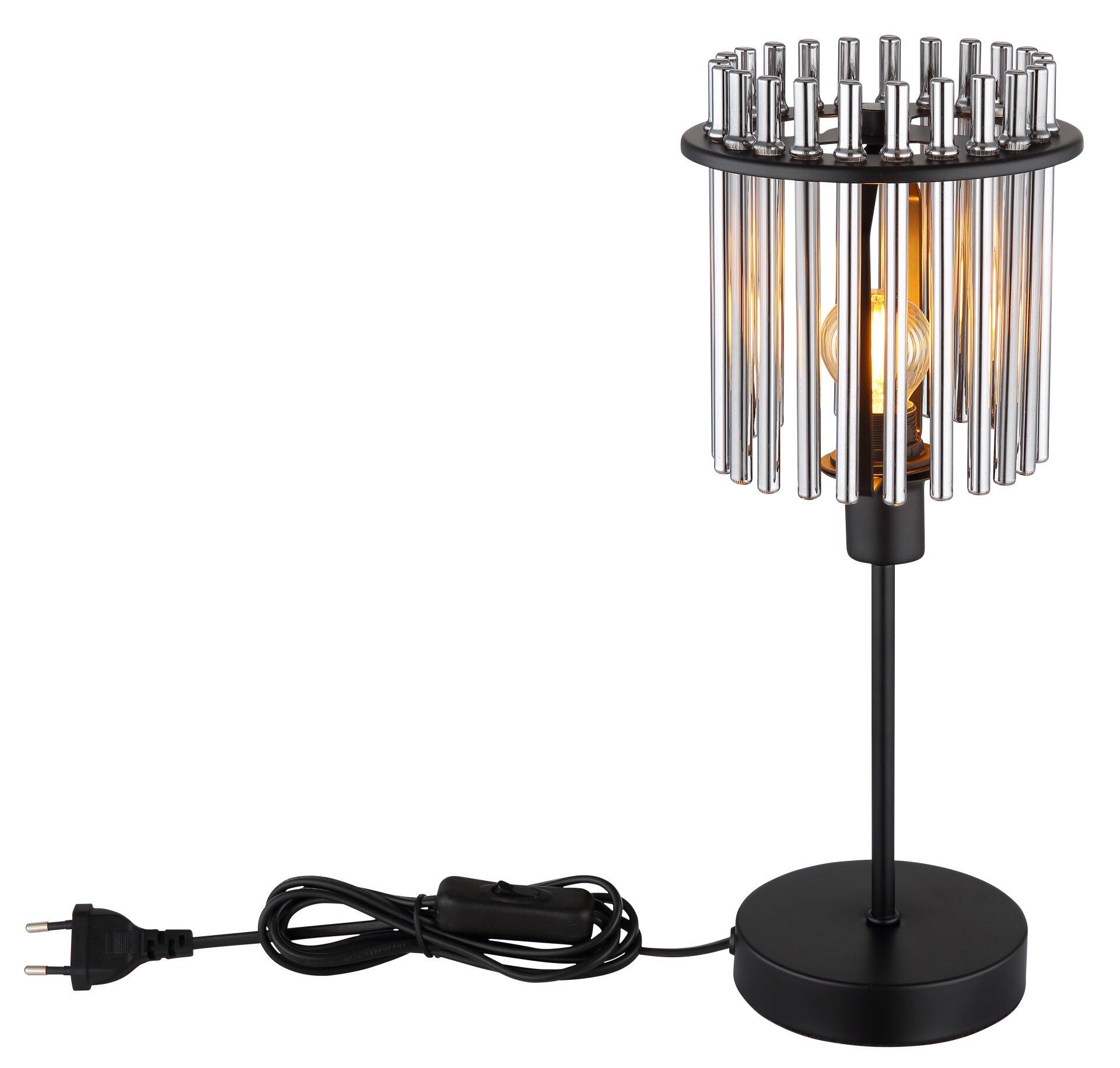 Tischleuchte GORLEY mit rauchfarbenen Glasstäben, silbernen Metallstreben und integriertem Wippschalter am Kabel.