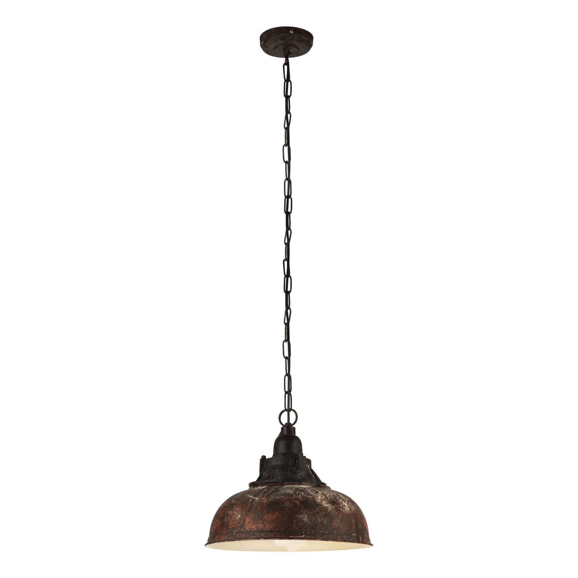 Pendelleuchte Grantham 1 von Eglo, Vintage-Design mit rötlich-braunem, halbrunden Lampenschirm und schwarzem Aufhängegestell mit Kette und Deckel, dargestellt aus einer frontalen Unteransicht.