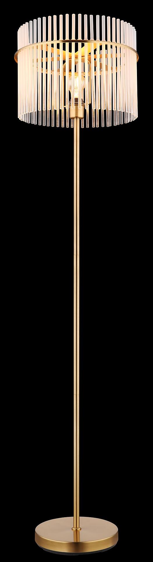 Goldene Stehlampe mit transparenten Stäben und warmem Licht.