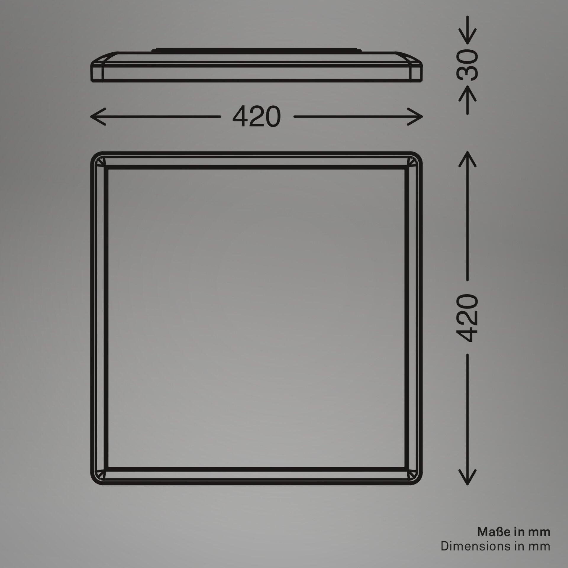 Panel Tava Wood, rechteckige LED-Leuchte mit abgerundeten Ecken und den Maßen 420x30 mm, aus der Vogelperspektive.