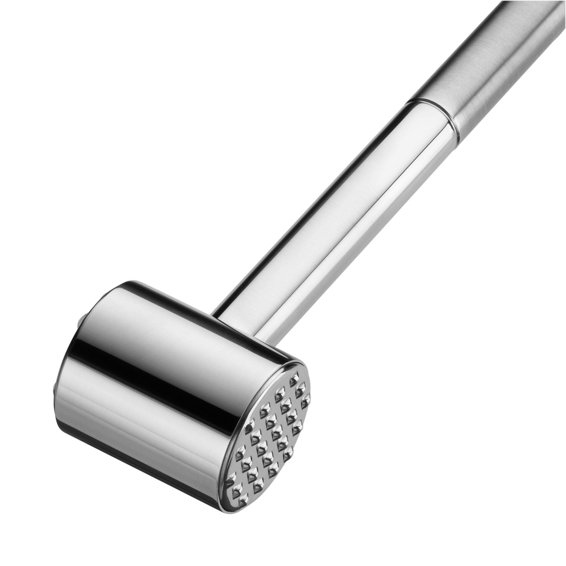 WMF Fleischhammer Profi Plus, silbrig glänzender Fleischwolf aus schräger Vogelperspektive mit sichtbarer Schneide und vertikalen Rillen.