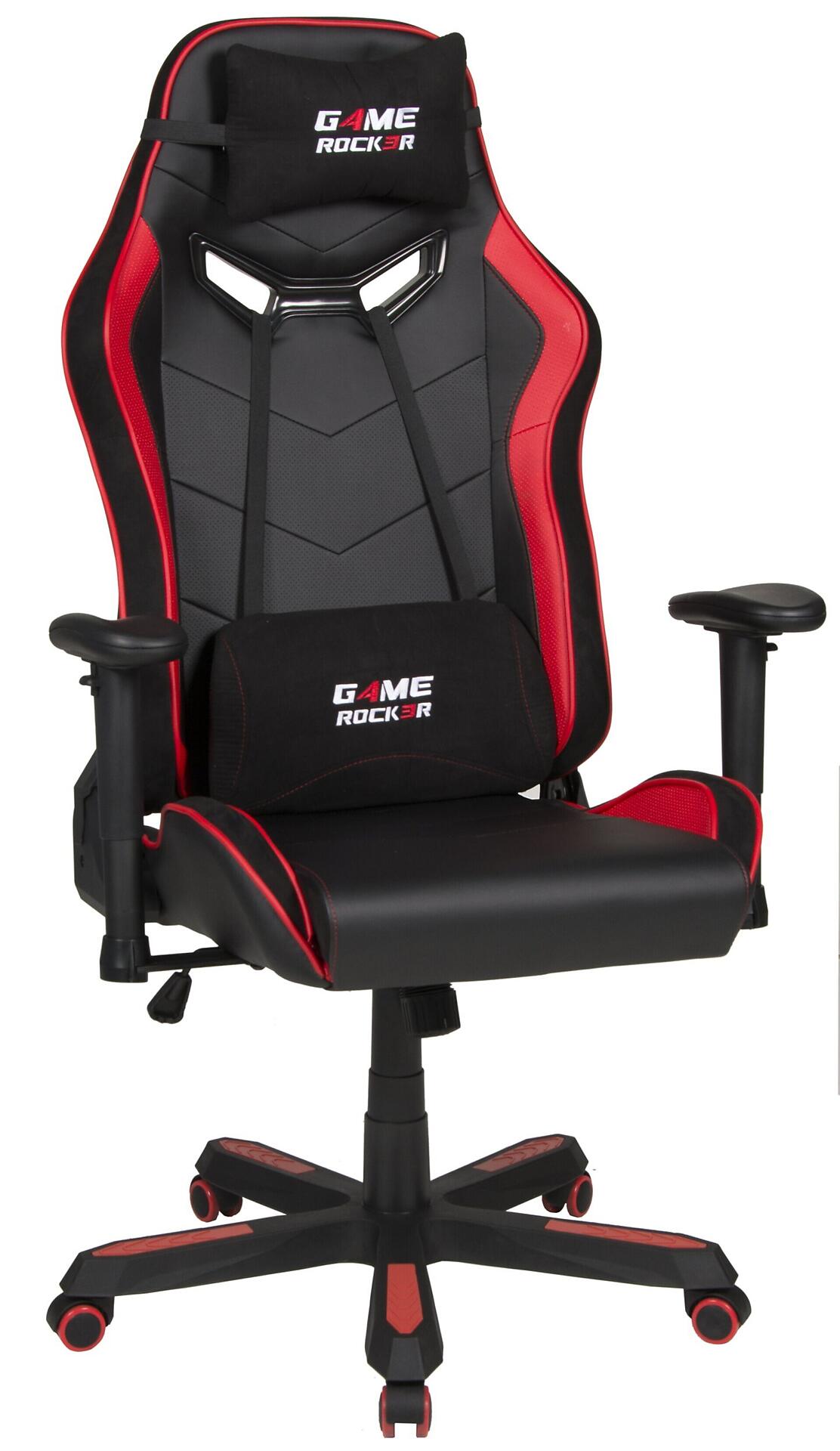 Gaming-Sessel G-30 in Frontalansicht mit ergonomischer Rückenlehne, verstellbaren Armlehnen, roter Kopfstütze und rot abgesetzter Basis.