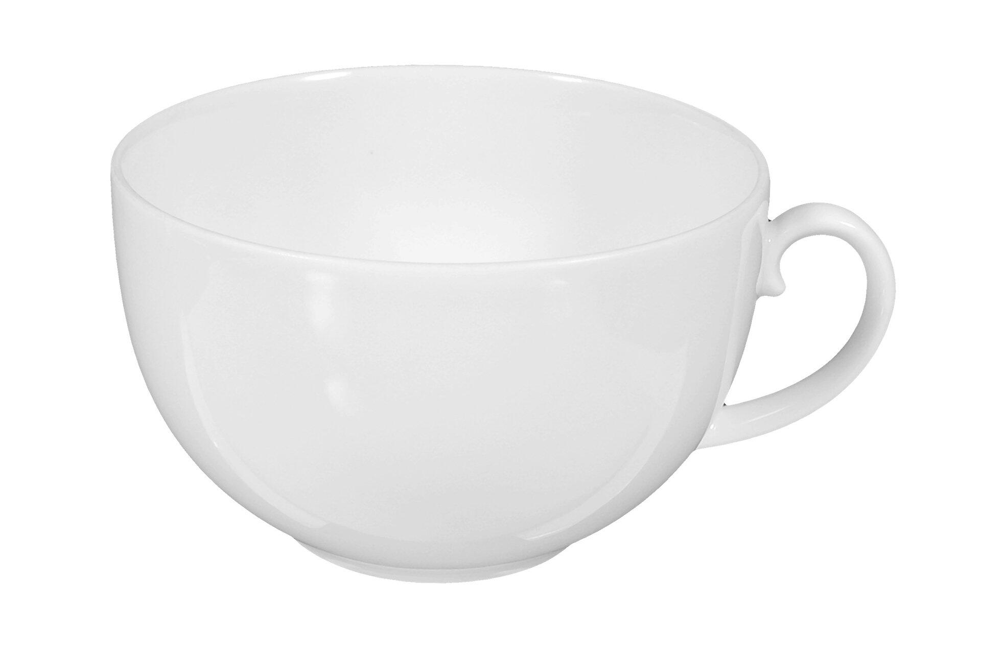 Milchkaffeeobertasse Rondo/Liane mit gewölbter Form und nach außen gebogenem Rand, detailreich seitlich abgebildet.