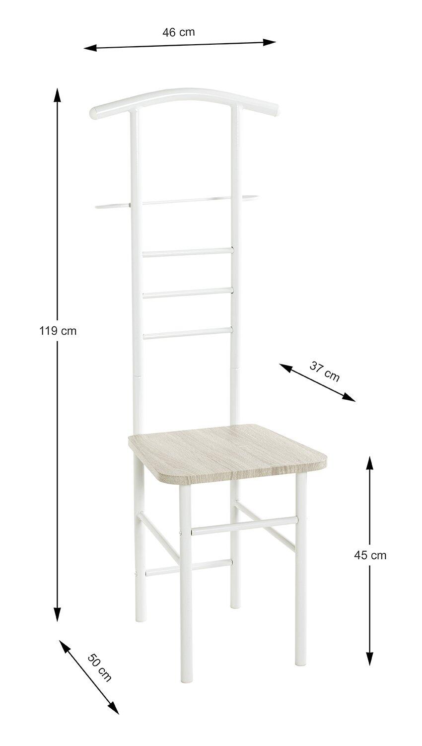 Weiß lackierter Herrendiener aus Stahlrohr mit Sitzfläche in Eiche Dekor und integrierten Ablageflächen für Kleidung, Modell 80088.