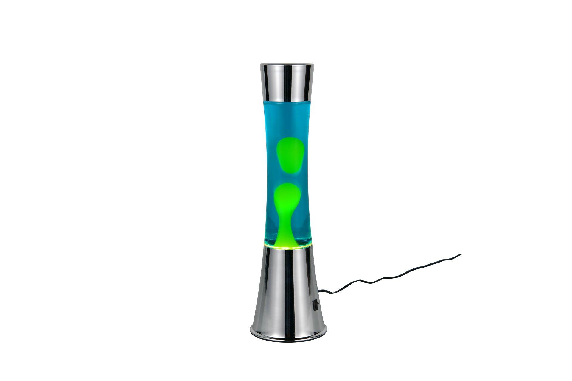Lava Lampe Etna mit silbernem Fuß und zylindrischem Korpus, zeigt aufsteigende grüne Lava-Bläschen in bläulich-grüner Flüssigkeit.