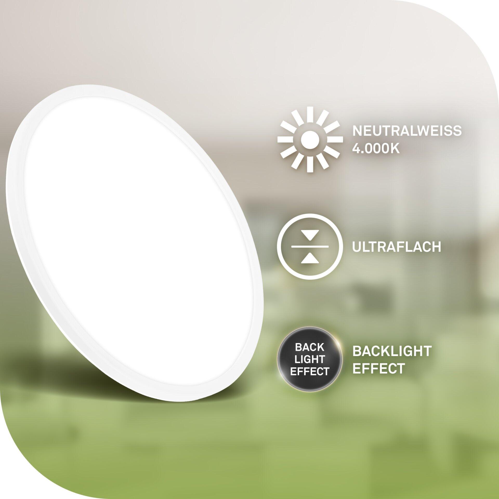 LED-Deckenleuchte Panel Tava a mit Ø42cm, flacher Bauweise und warmweißer (4000K) Beleuchtung inklusive Backlight-Effekt.