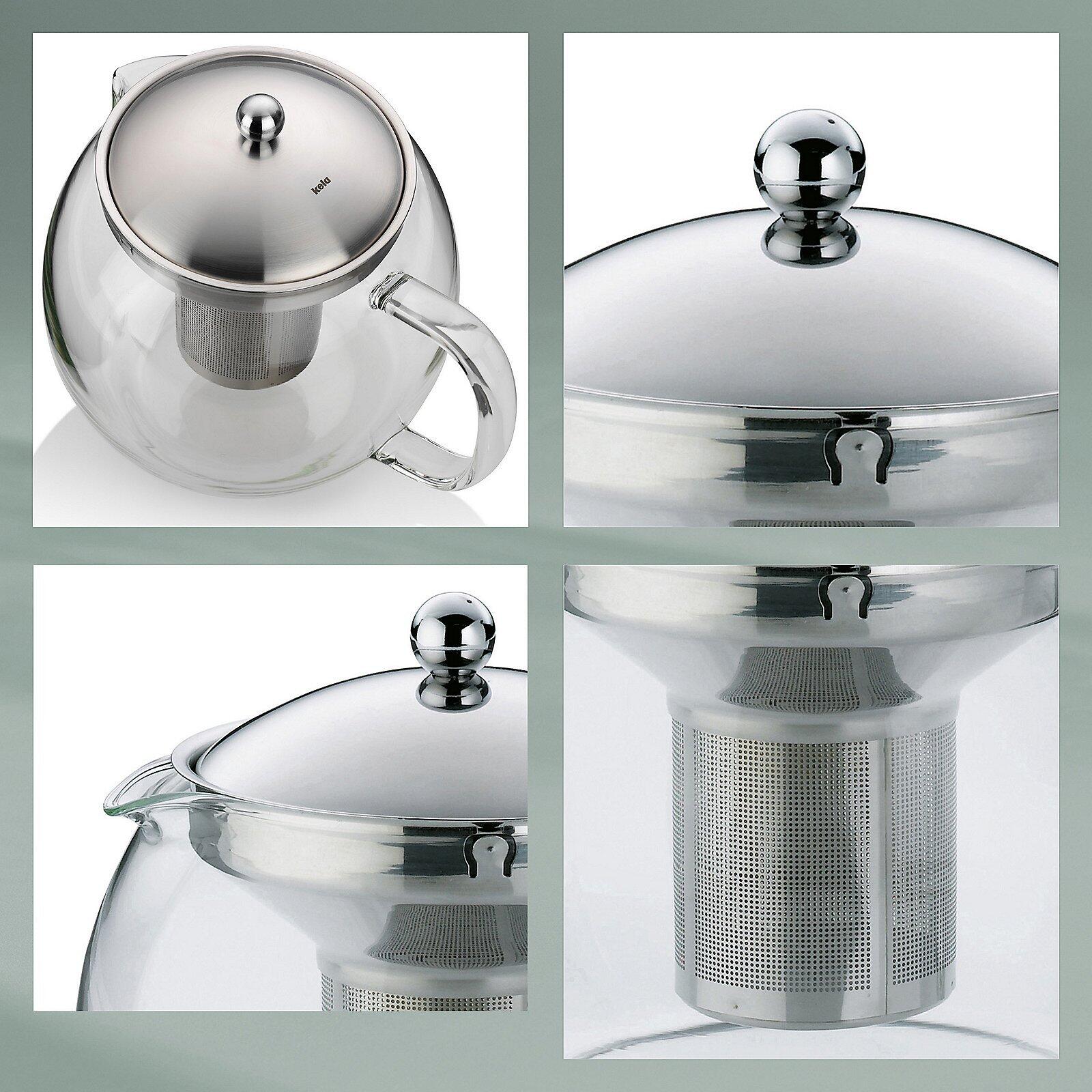 Teekanne Cylon aus Edelstahl und Glas mit Edelstahl-Deckel und herausnehmbarem Teesieb für die Zubereitung von losen Tees.