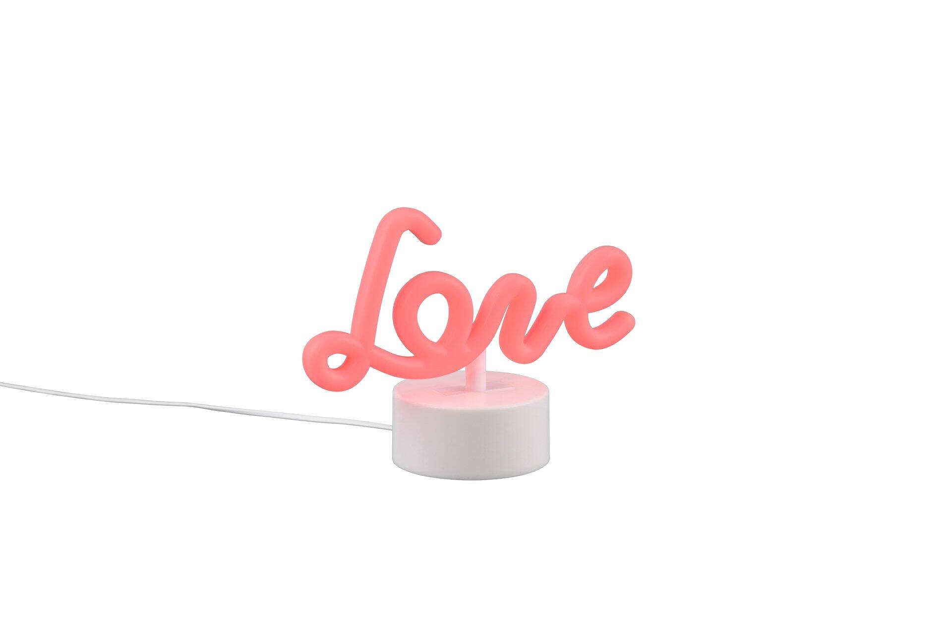 Leuchtzeichen "Love" mit neonfarbenem Rosa-Ton auf runder weißer Basis, das aus gebogenen Neonröhren geformt ist und auf eine Tischleuchte verweist.