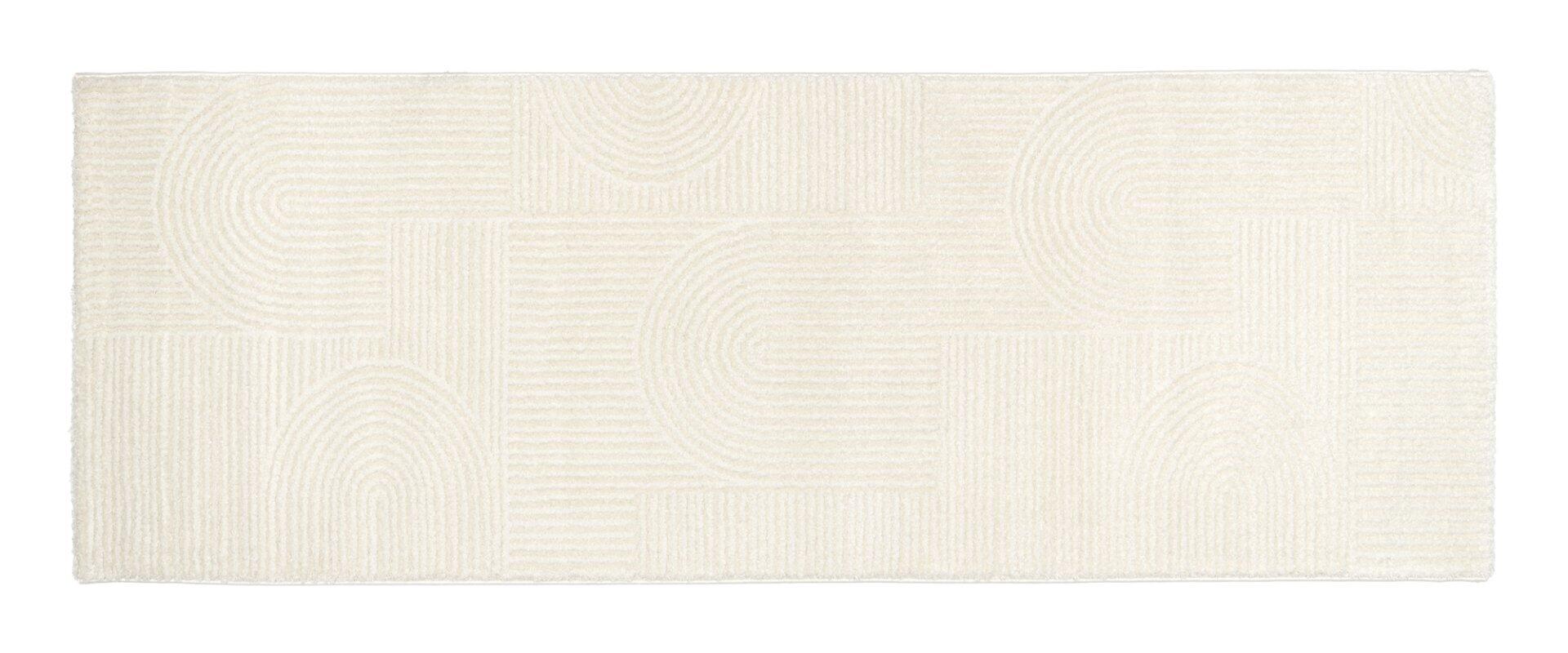 Nahaufnahme eines rechteckigen Wandpaneels mit hellem, cremefarbenem Dekor aus geometrischen Formen und strukturierter Oberfläche.