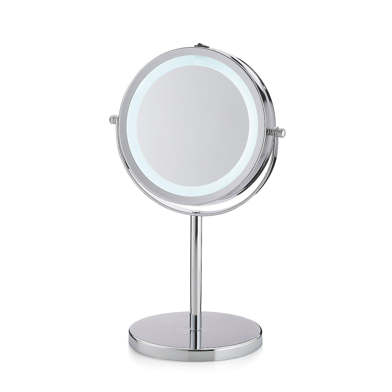 Standspiegel Tio mit verstellbarem Arm, LED-Beleuchtung und integriertem Vergrößerungsspiegel.