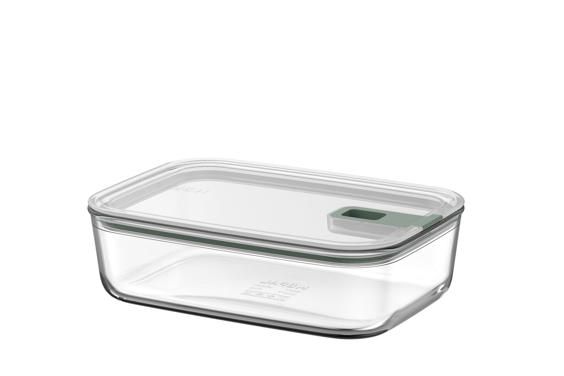 Transparente Frischhaltedose aus Glas mit dunkelgrünem Deckel und griffartiger Aussparung zur einfachen Handhabung.