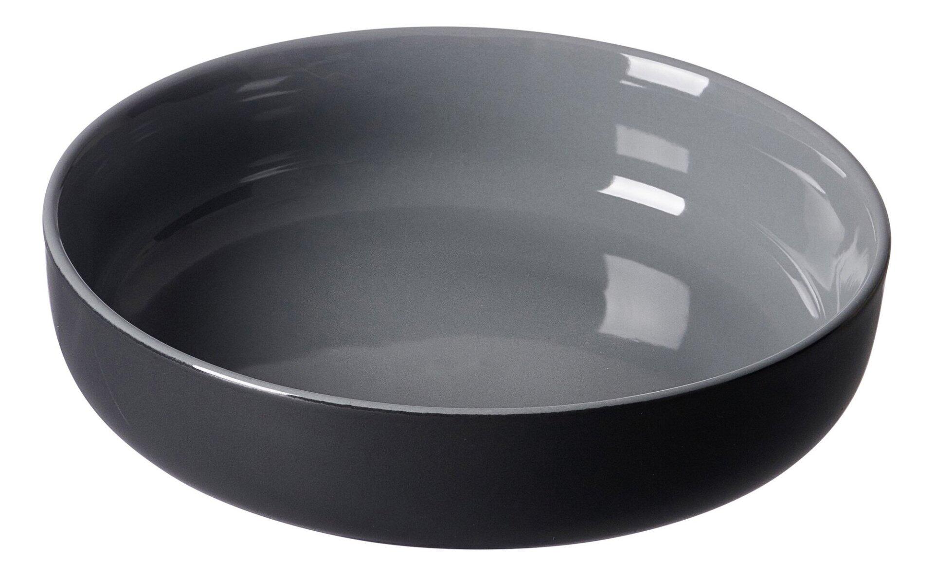 Graue, zylindrische Katzenfutter- oder Wasserschale von Ritzenhoff & Breker, schräg von oben abgebildet, mit gewölbtem Eindruck durch die Perspektive und reflektierender Oberfläche.