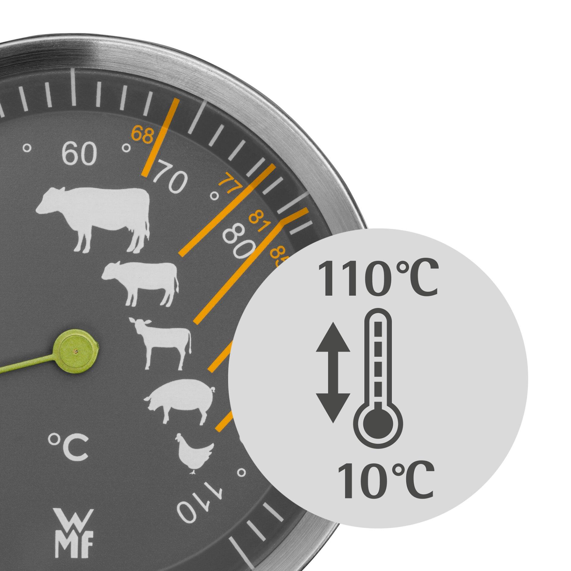 WMF Thermometer im Wanduhrendesign mit grauem Rahmen, Tierabbildungen und Temperaturanzeige von 10°C bis 110°C.