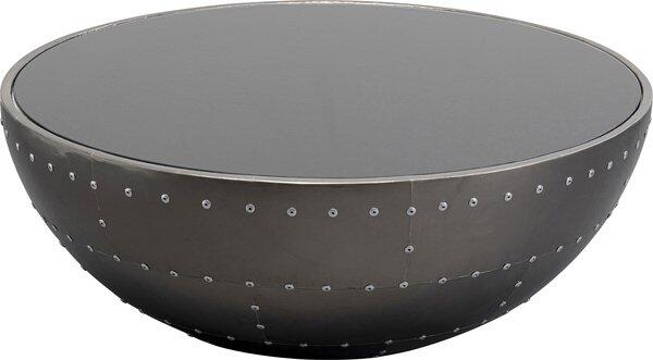 Runder Couchtisch Lounge Black Gun Metal mit dunkel gefärbter Glasplatte und Fiberglas-Aluminium-Gestell, das durch seine konkave Form und rivets einen industriellen Look betont.