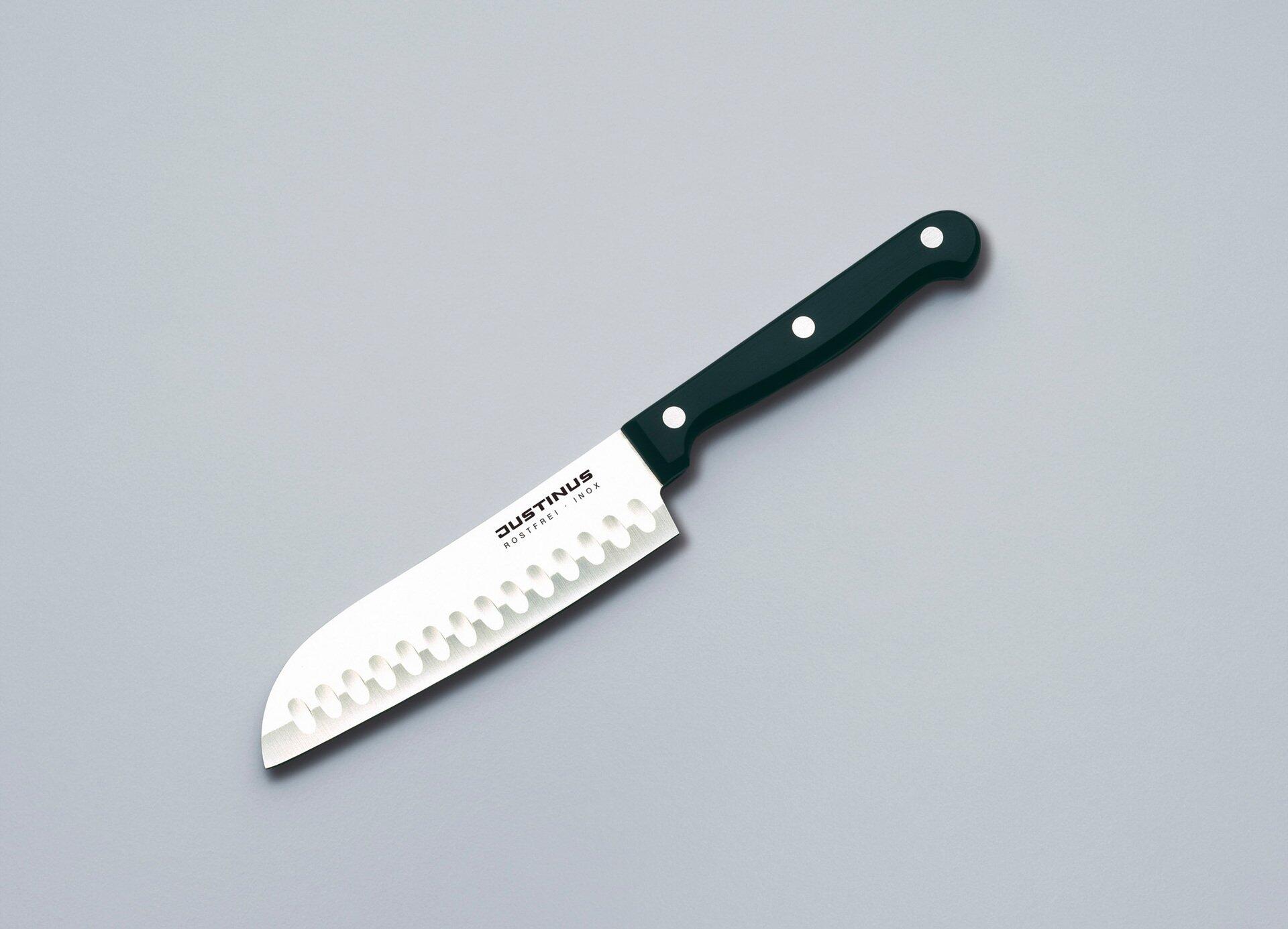 Küchenmesser Santoku 12,5 cm mit gewellter Edelstahlklinge und ergonomischem Bakelitgriff, präsentiert auf weißem Hintergrund.