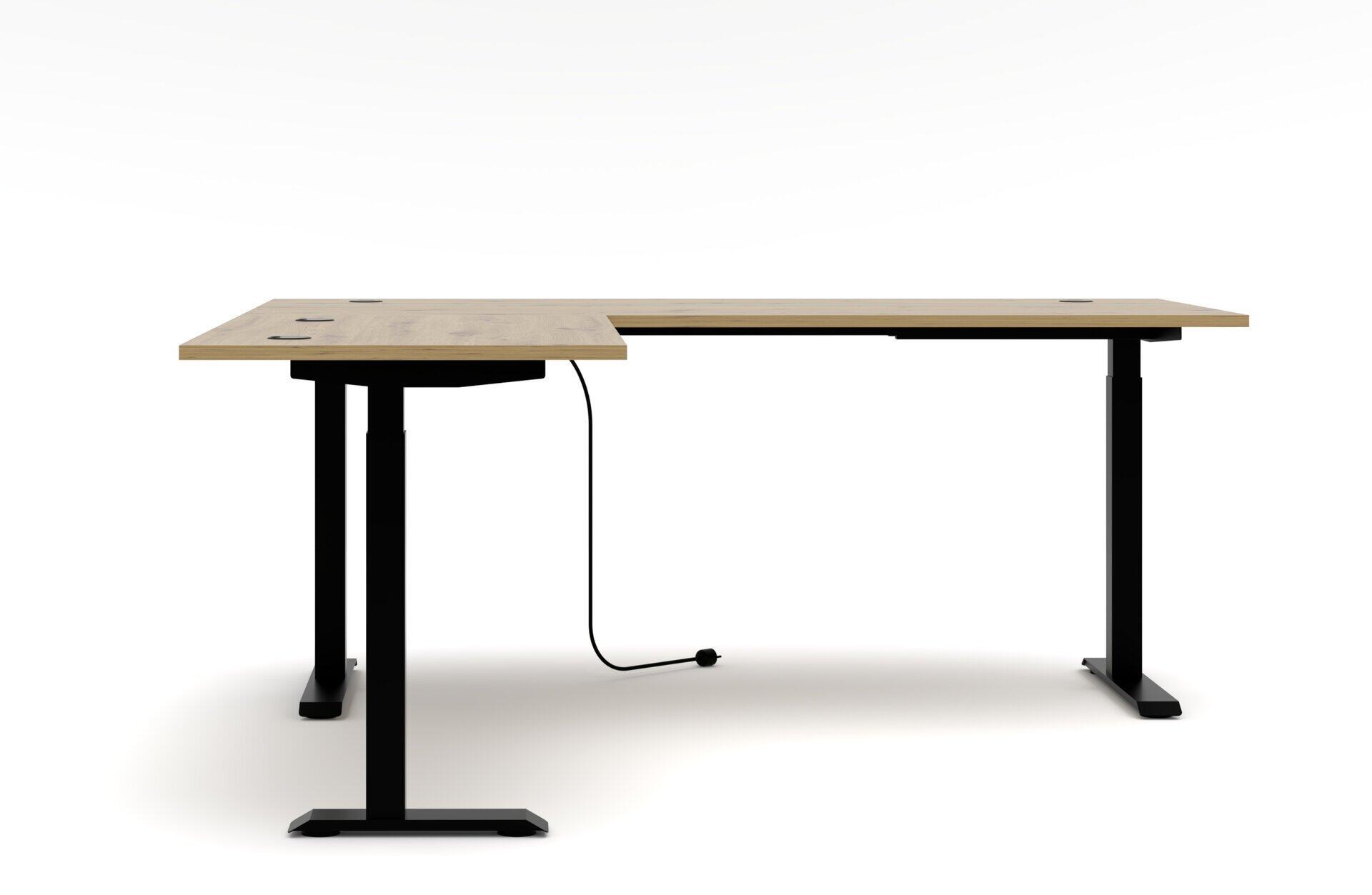 Höhenverstellbarer Schreibtisch Diana in L-Form mit Artisan Eiche Dekor und Schilfgrün frontiger Absetzung, inklusive Motoren zur Steuerung der Höhe von 72 bis 120 cm.