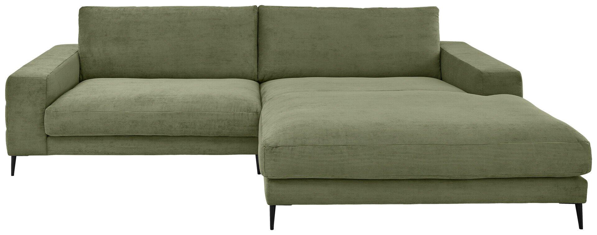 Eckcouch Badia Base 2.0 in Olivgrün mit niedrigem Design, breiten Armlehnen und abnehmbarer Ottomane zur Nutzung als Fußteil.