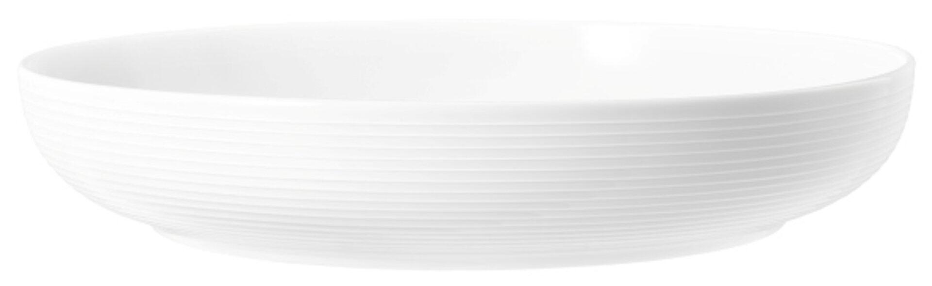 Weiße Foodbowl Beat mit feinen horizontalen Rillen, abgebildet aus einer leicht schrägen Unteransicht.