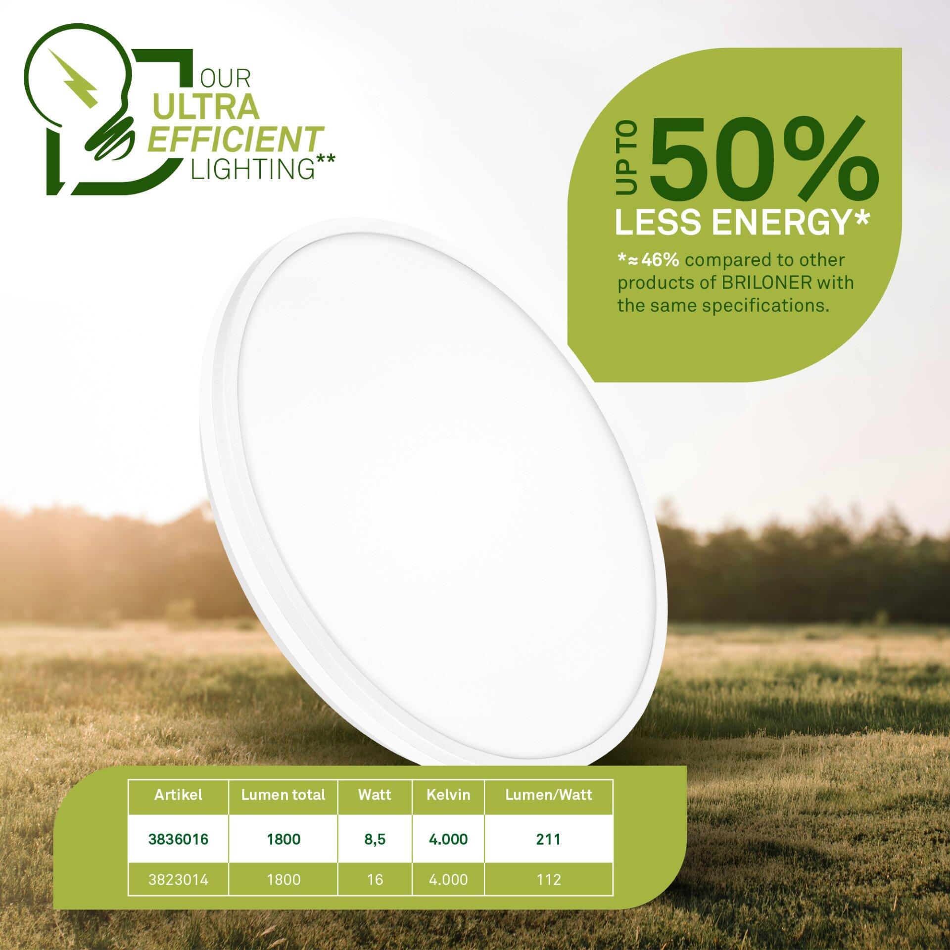 Wand- und Deckenleuchte Lana a mit Ø33cm und heller LED-Beleuchtung, eingebaut in einem modernen Wohnraum mit Blick auf eine grüne Landschaft.