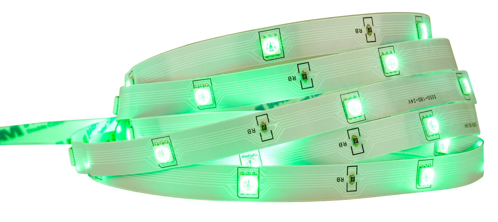 Flexible LED-Leiste BRILO im Grünton, die durch ihre Biegsamkeit und die sichtbaren LED-Chips und Beschaltung gekennzeichnet ist.