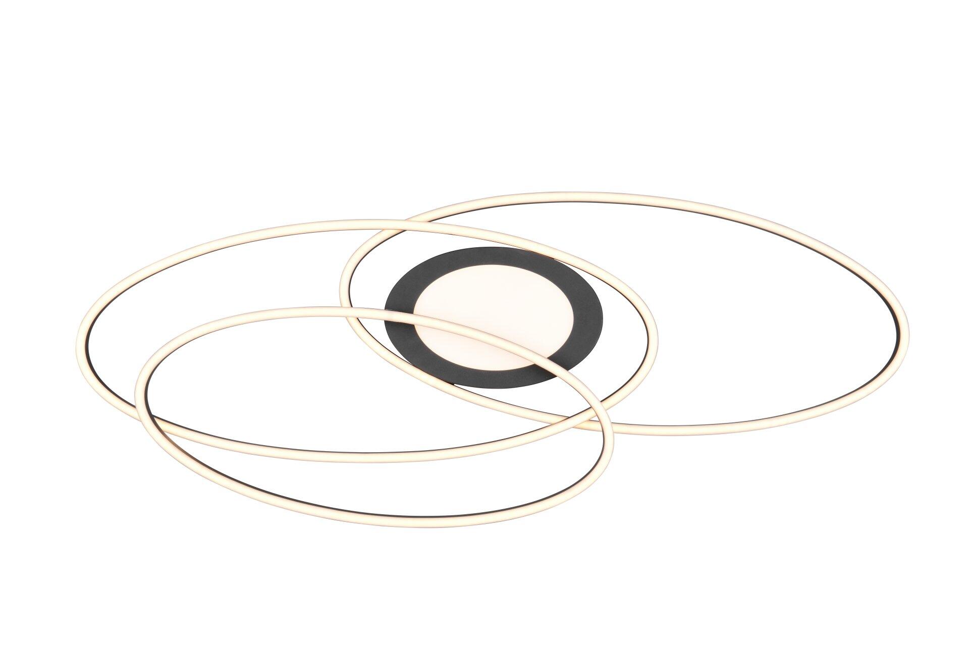 Deckenleuchte Ovine mit ineinander verschlungenen, goldenen Ringen und einem schwarzen Zentrum, die im Produktfoto-Stil die Form und das Design der Leuchte hervorhebt.
