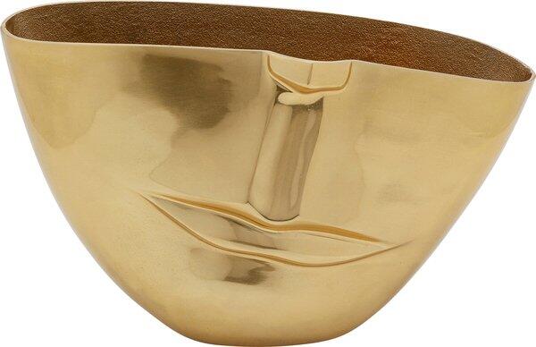 Goldfarbene, handgefertigte Vase "Half Face Gold" mit glatter, reflektierender Oberfläche und wellenartigen Verformungen, aufgenommen aus einer bodennahen Perspektive, die das Innere der Schale betont.