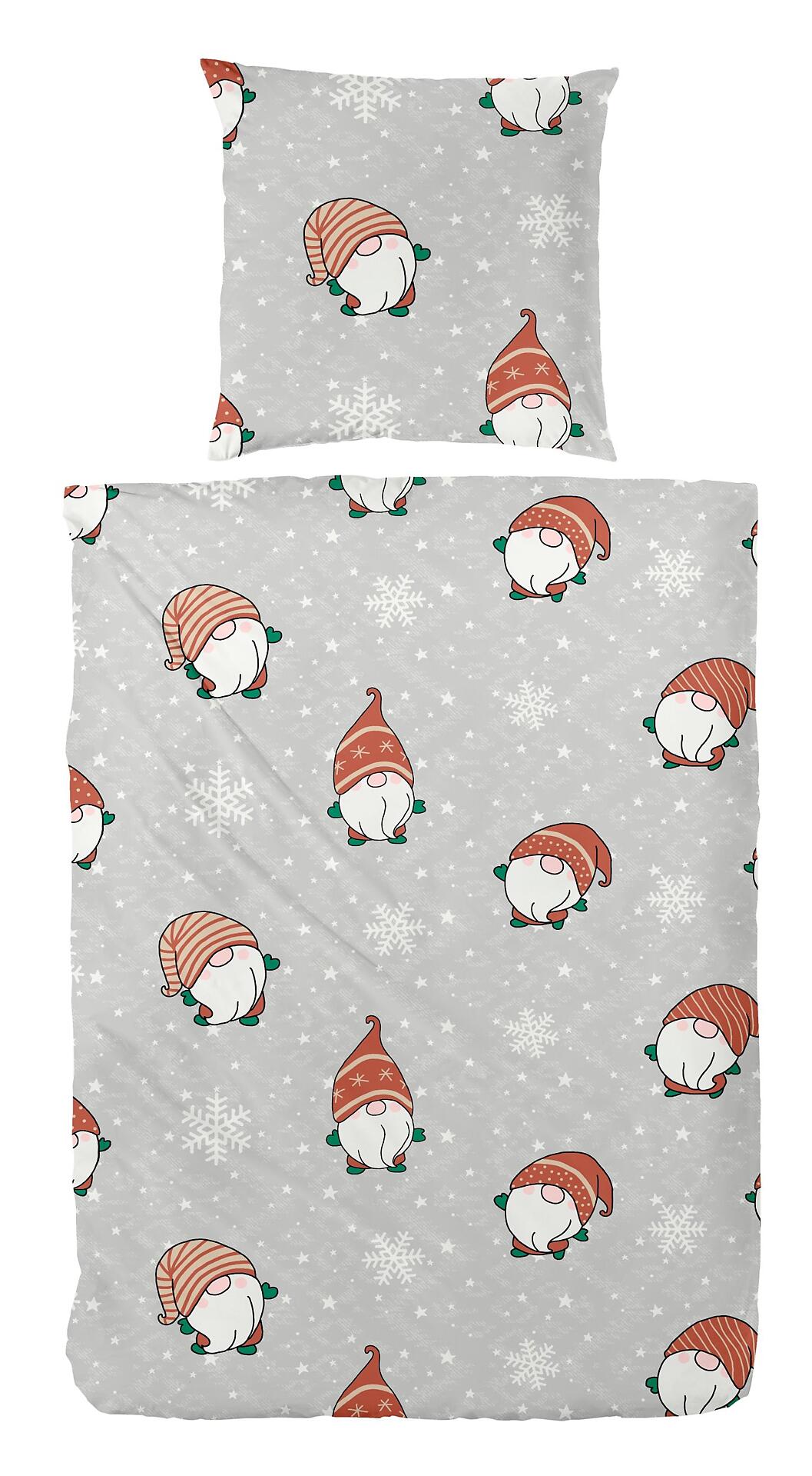 Bettwäsche-Set aus feinem Biberstoff mit grau-rotem Gnome-Muster und Reißverschluss, dargestellt auf hellem Hintergrund mit Spitzmützen-Motiv.