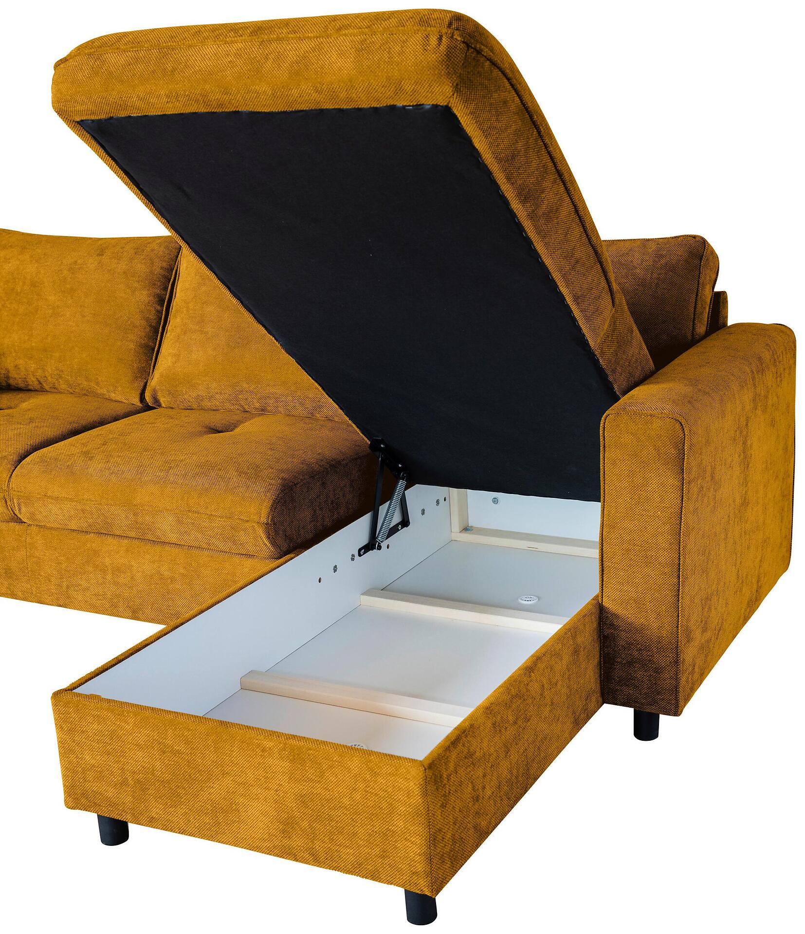 Detailaufnahme des Ecksofas Tokyo mit offenem Bettkasten und sichtbarem Mechanismus aus Metallscharnieren.