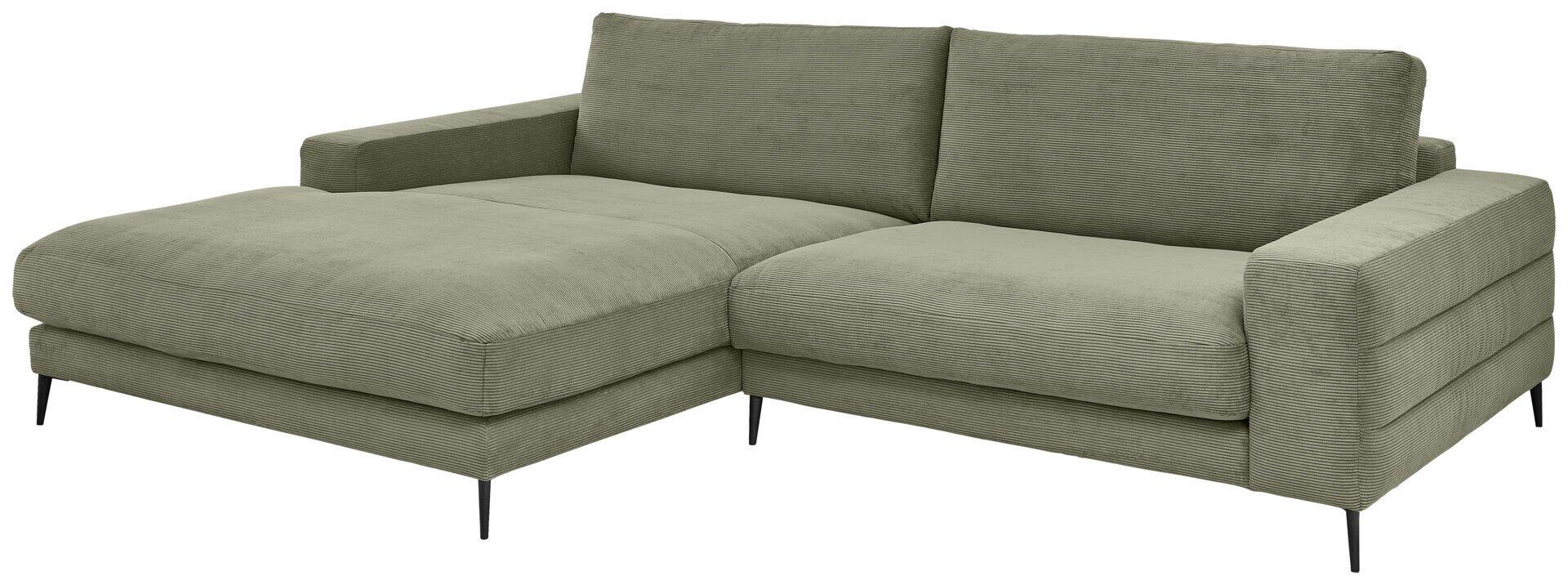 Helles Ecksofa Badia Base 2.0 mit Schlaffunktion und schwarzem Metallfuß, aus der Frontalperspektive und detailreich dargestellt.