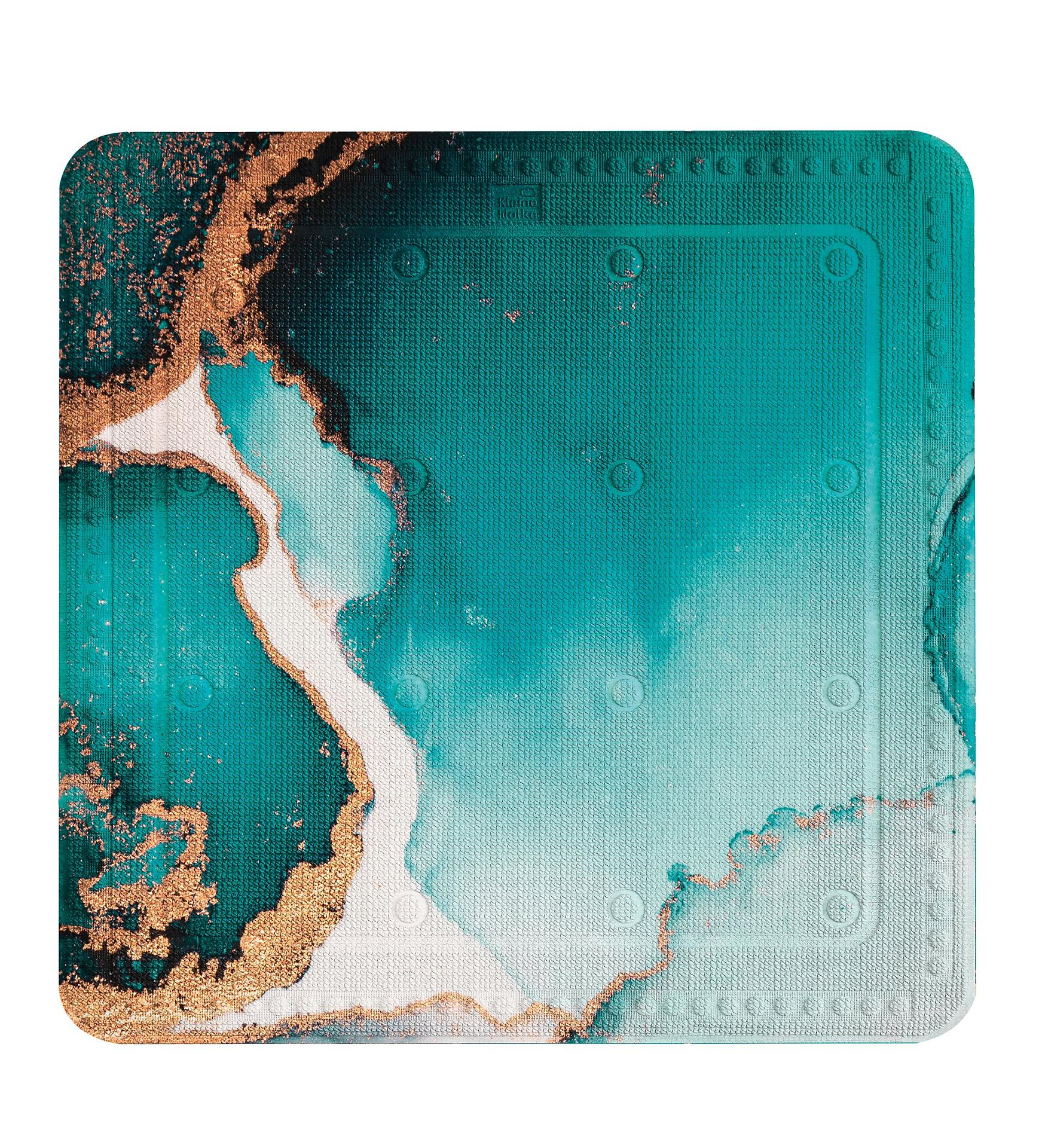 Duscheinlage Teal: Quadratische Fußmatte mit strukturiertem, resinart-ähnlichem Muster und erhöhten Kreisen zur Reinigung.