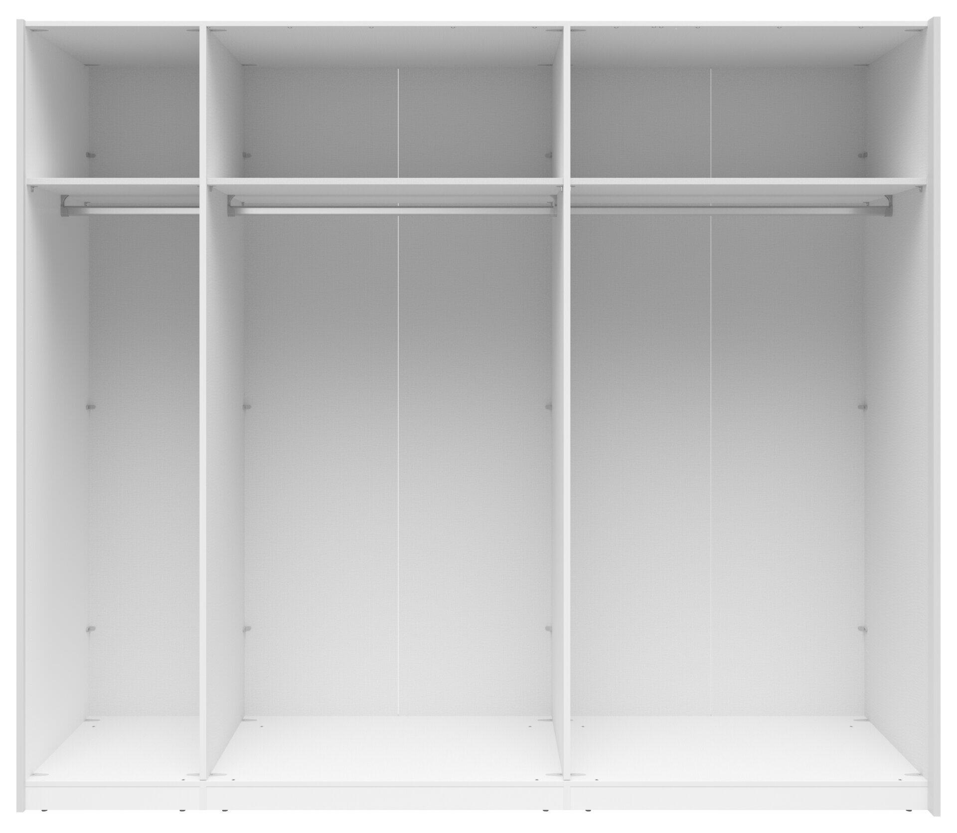 Kleiderschrank Neo mit drei Türen und weißem Innenleben, das drei Abteile mit Kleiderstangen und Ablageflächen zeigt.