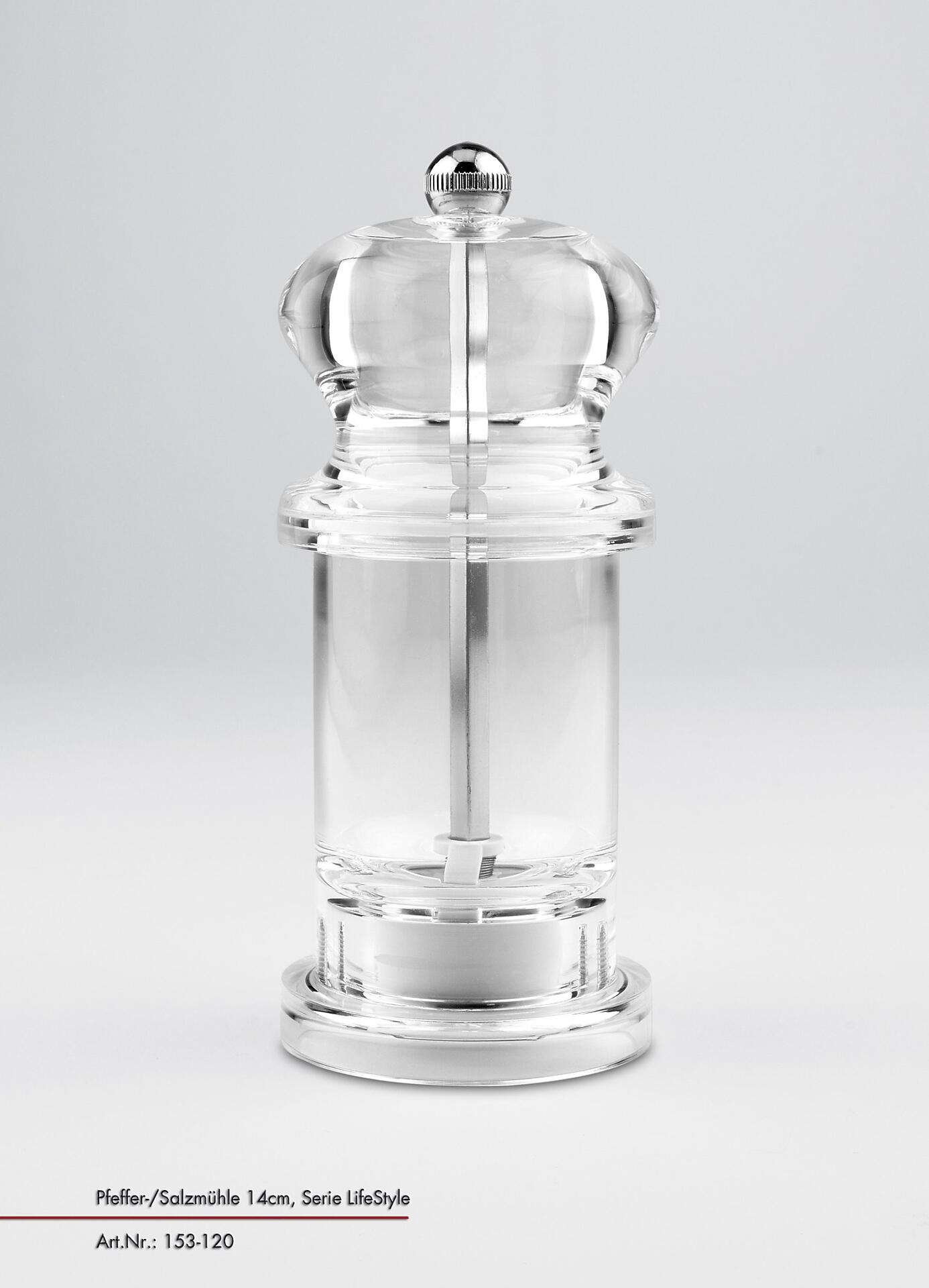 Acryl-Pfeffermühle LifeStyle mit transparentem Gehäuse, silbernem Mahlwerk und konischer Kappe.