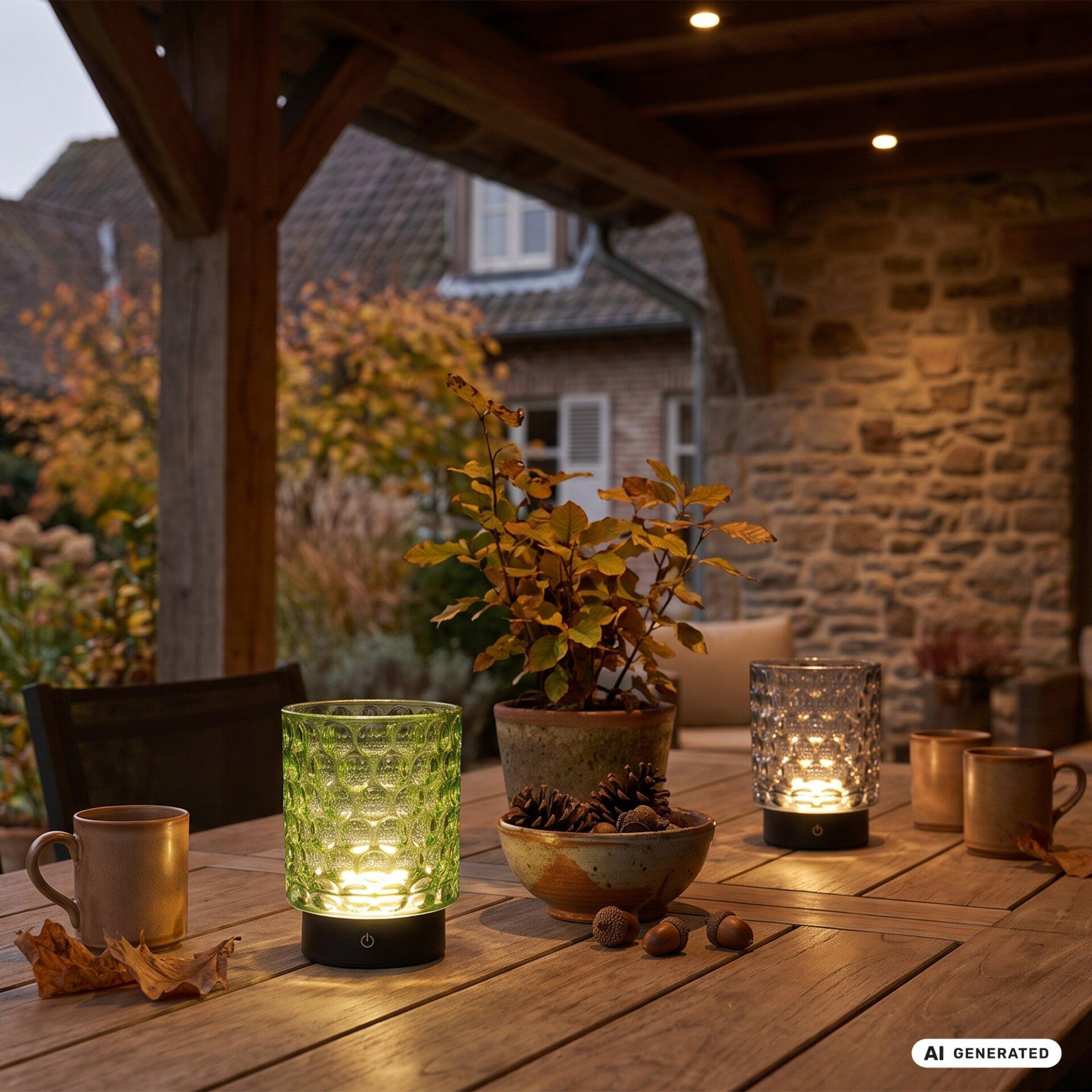 Tischleuchte Sunora mit Touchdimmer auf einem Tisch neben einer Laterne und herbstlicher Dekoration, aufgenommen aus erhöhter Perspektive.