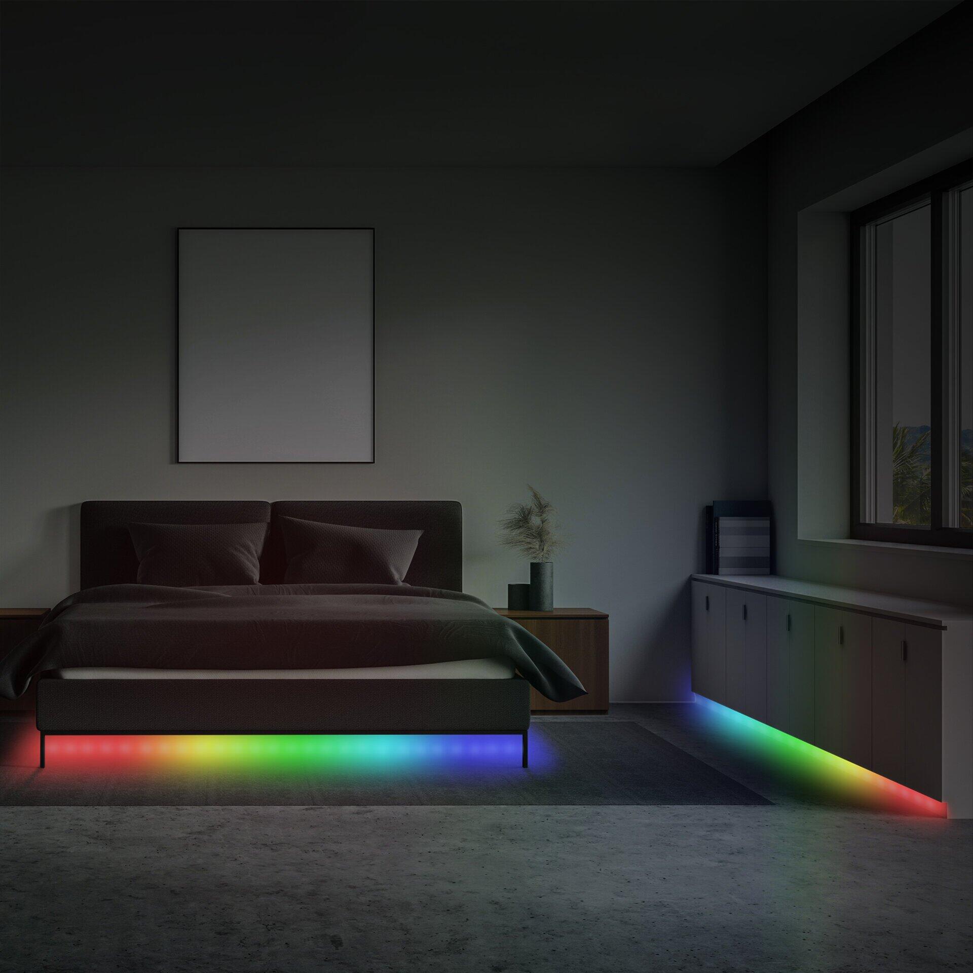 LED-Beleuchtung unter dem Bett Magic, die in verschiedenen Farben wie Rot, Orange, Gelb, Grün, Blau und Violett wechselt.
