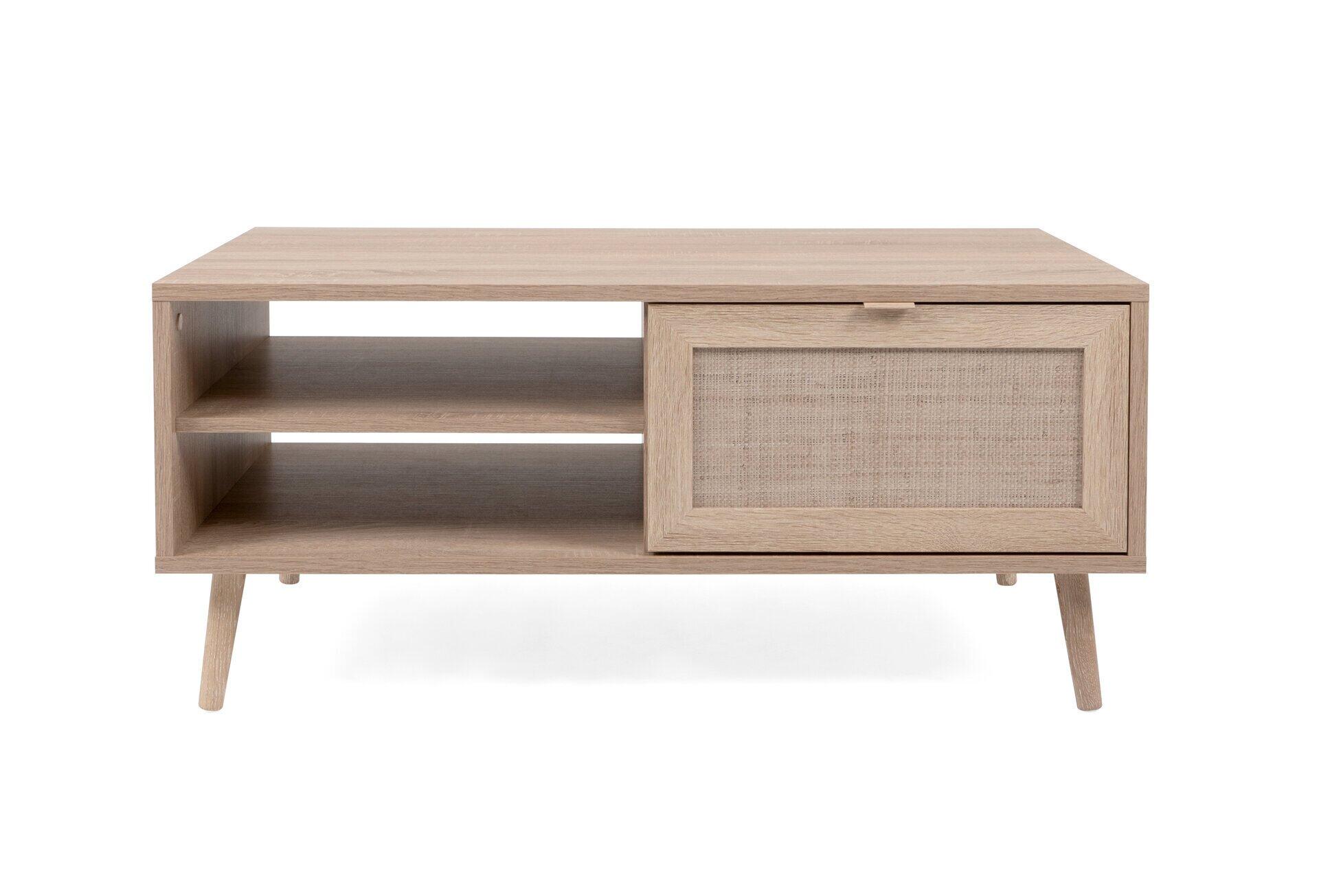 Couchtisch Bali 55A in seitlicher Ansicht mit geflochtenem Schubladenfront, zwei offenen Regalböden und schmalen, konischen Füßen.