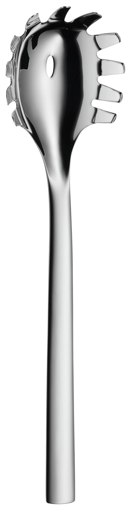 Nudellöffel Nuova von WMF aus poliertem Edelstahl, Detailaufnahme der Gabel aus Seitenperspektive mit langen, gebogenen Zinken zum Aufnehmen von Spaghetti.