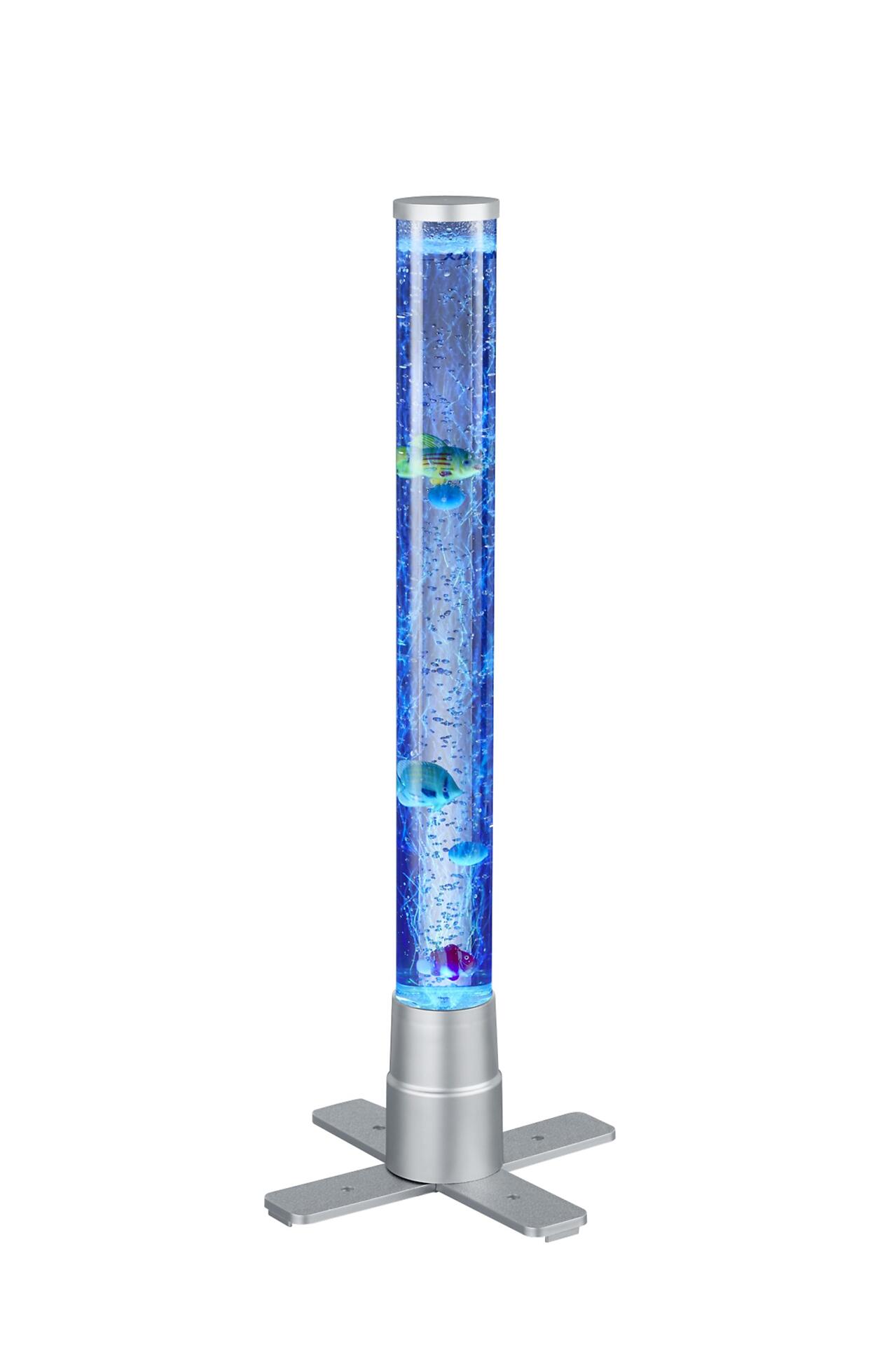 Tischleuchte Motion im Stil einer Lichtsäule mit blau gefärbtem Wasser, künstlichen Pflanzen, Fischen und Beleuchtung von unten.