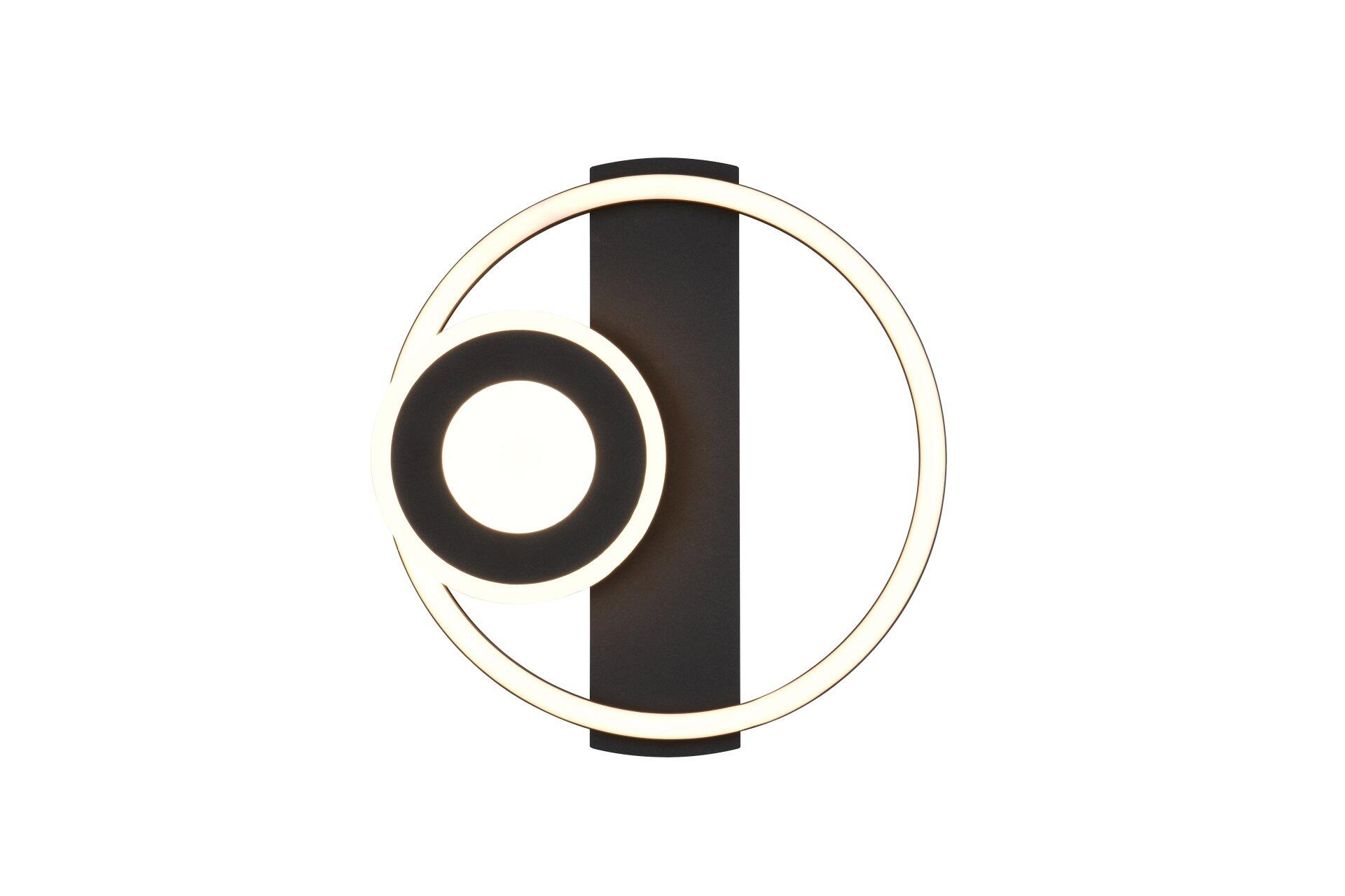 Moderne Wandleuchte Horus mit zwei konzentrischen, beleuchteten Ringen und vertikalem Verbindungselement, dargestellt in einer perspektivisch reduzierten Frontalansicht.