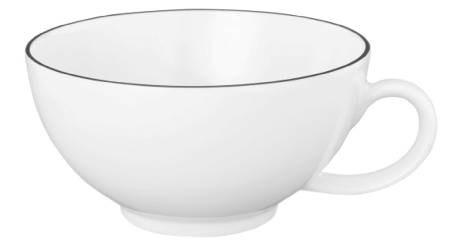 Weiße Teeobertasse Lido mit schwarzem Farbrand, aus der Seitenperspektive mit sichtbarer Innenseite, gebogenem Henkel und rundem Sockel.