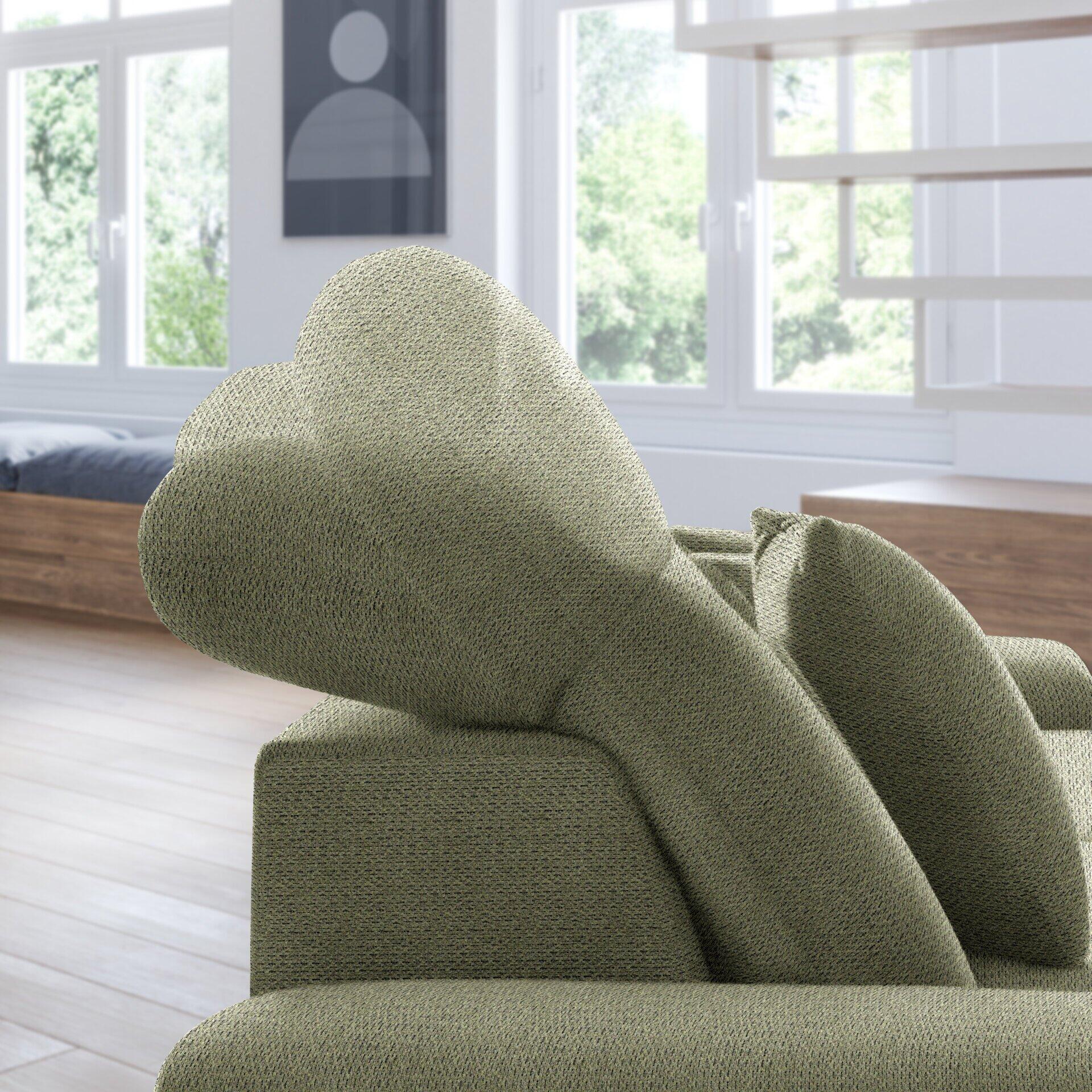 Grünes Ecksofa im Retro-Stil mit segmentierter Rückenlehne und schräg nach vorne geneigter Armlehne, detailreich dargestellt aus leicht erhöhter Perspektive.