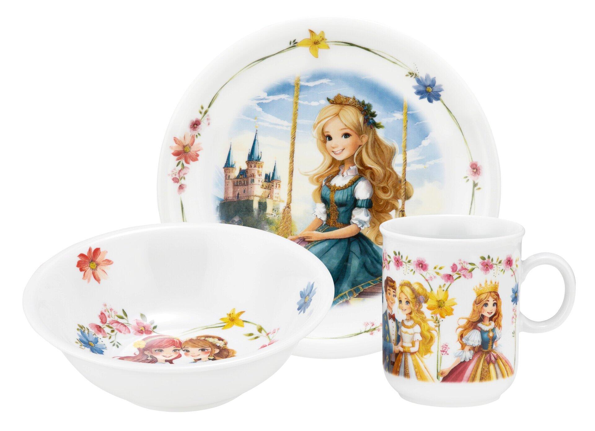 Teller- und Tassen-Set "Compact" mit Kindermotiv "Prinzessin" und Märchenillustrationen, darunter eine Prinzessin in einem grünen Kleid vor einem Schloss, sowie Blumenmuster.