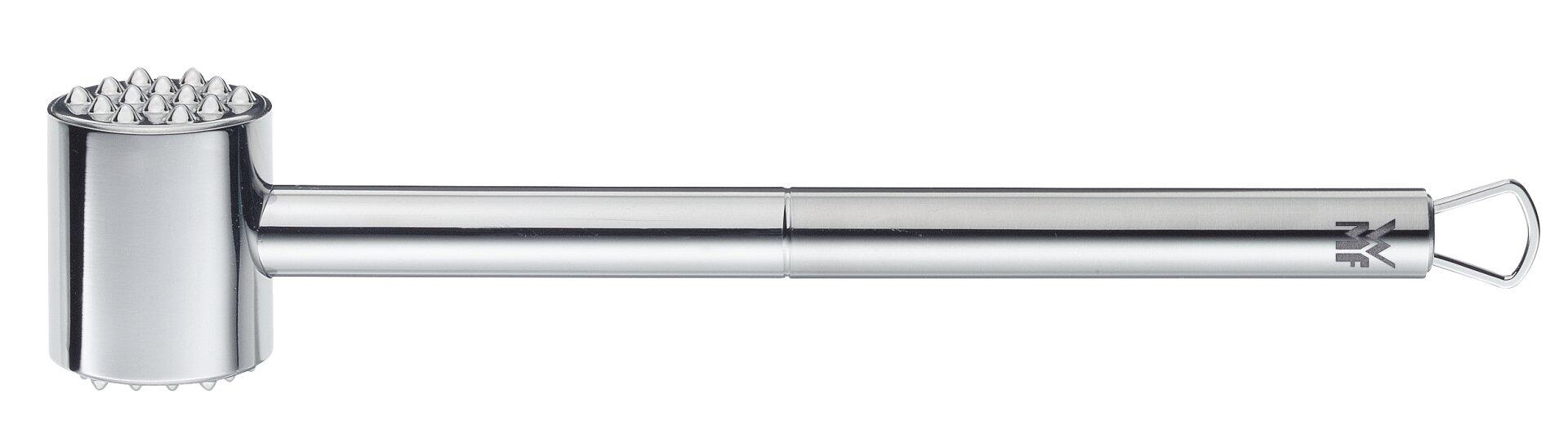 Fleischhammer Profi Plus aus Edelstahl mit rundem Kopf, vertikalen Rillen und gebogenem Griff, Detailansicht seitliche Perspektive.